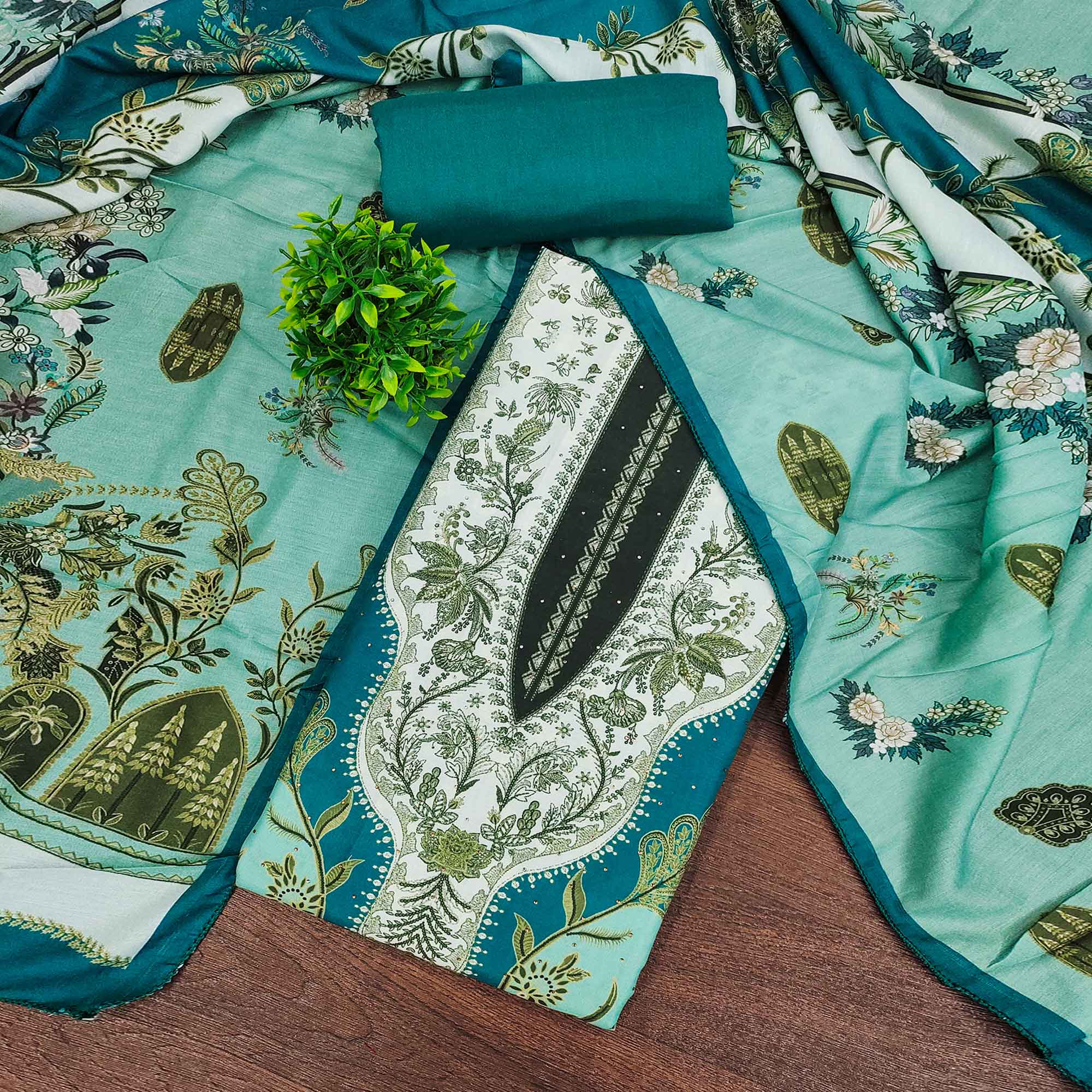 Turquoise Floral Digital Printed Muslin Dress Material Enhanced With Shimmering Swarovski Work