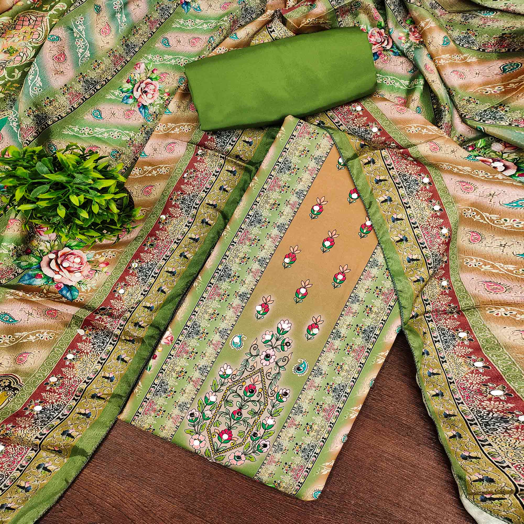 Green Muslin Dress Material Featuring Graceful Floral Digital Print Embellished With Mirror Work