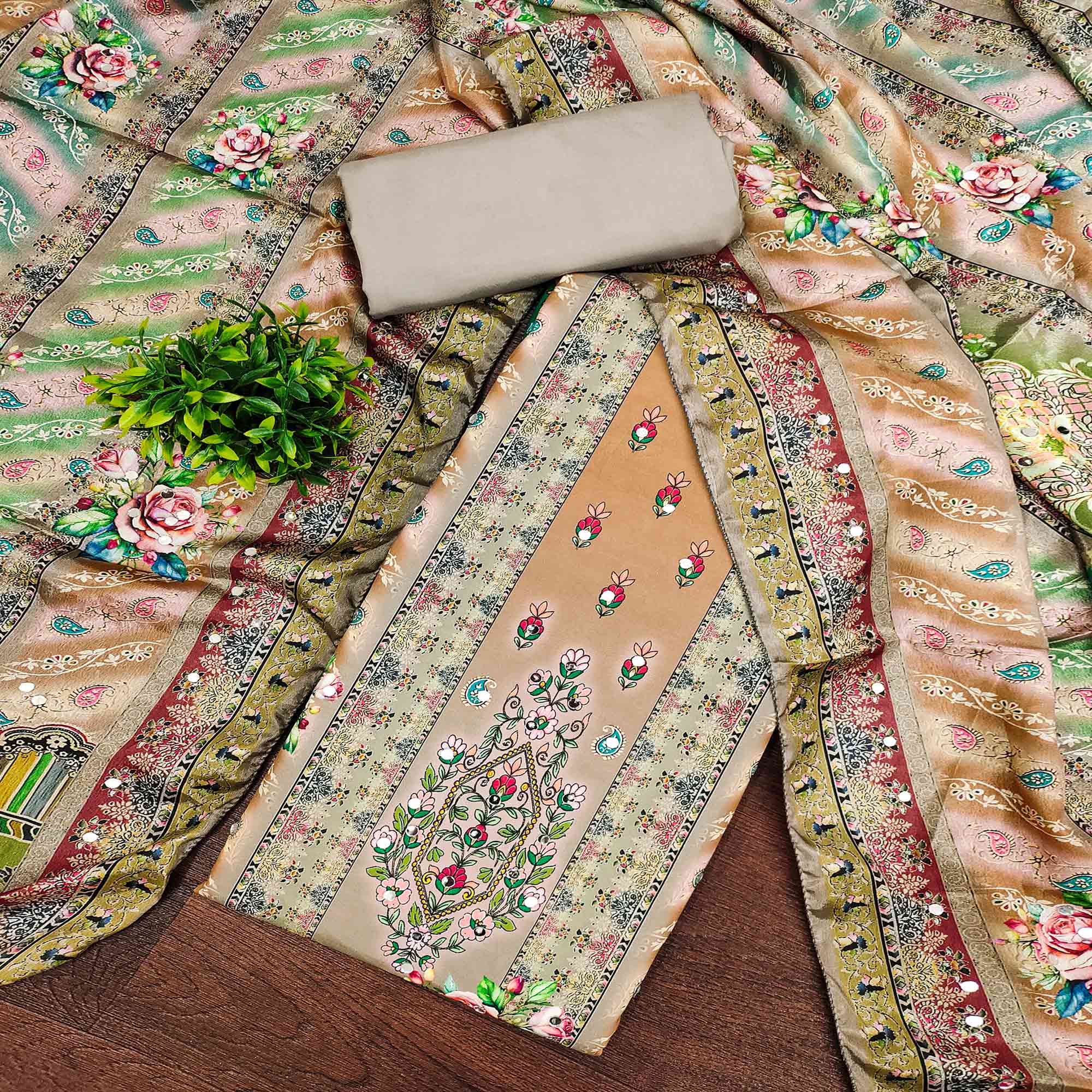 Grey Muslin Dress Material Featuring Graceful Floral Digital Print Embellished With Mirror Work