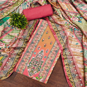 Pink Muslin Dress Material Featuring Graceful Floral Digital Print Embellished With Mirror Work