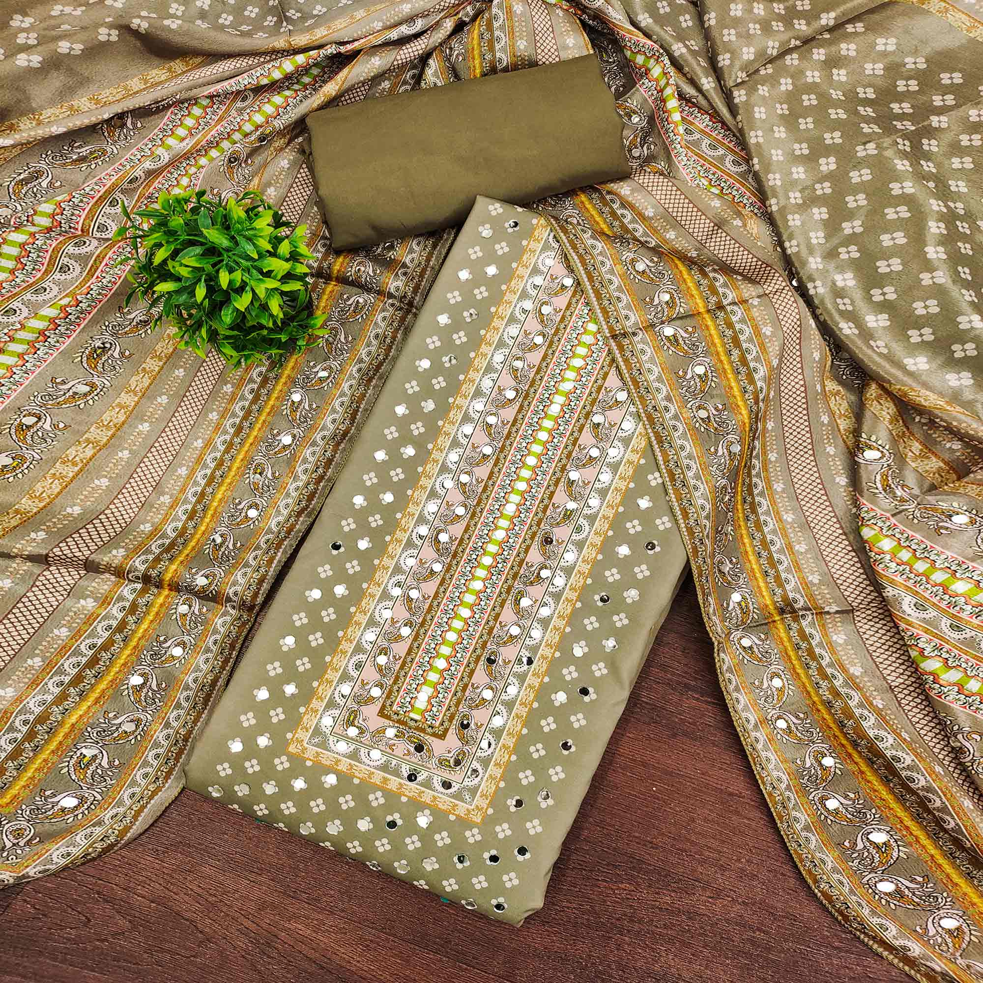 Soothing Mehendi Green Floral Digital Printed Dress Material Crafted From Muslin With Mirror Work