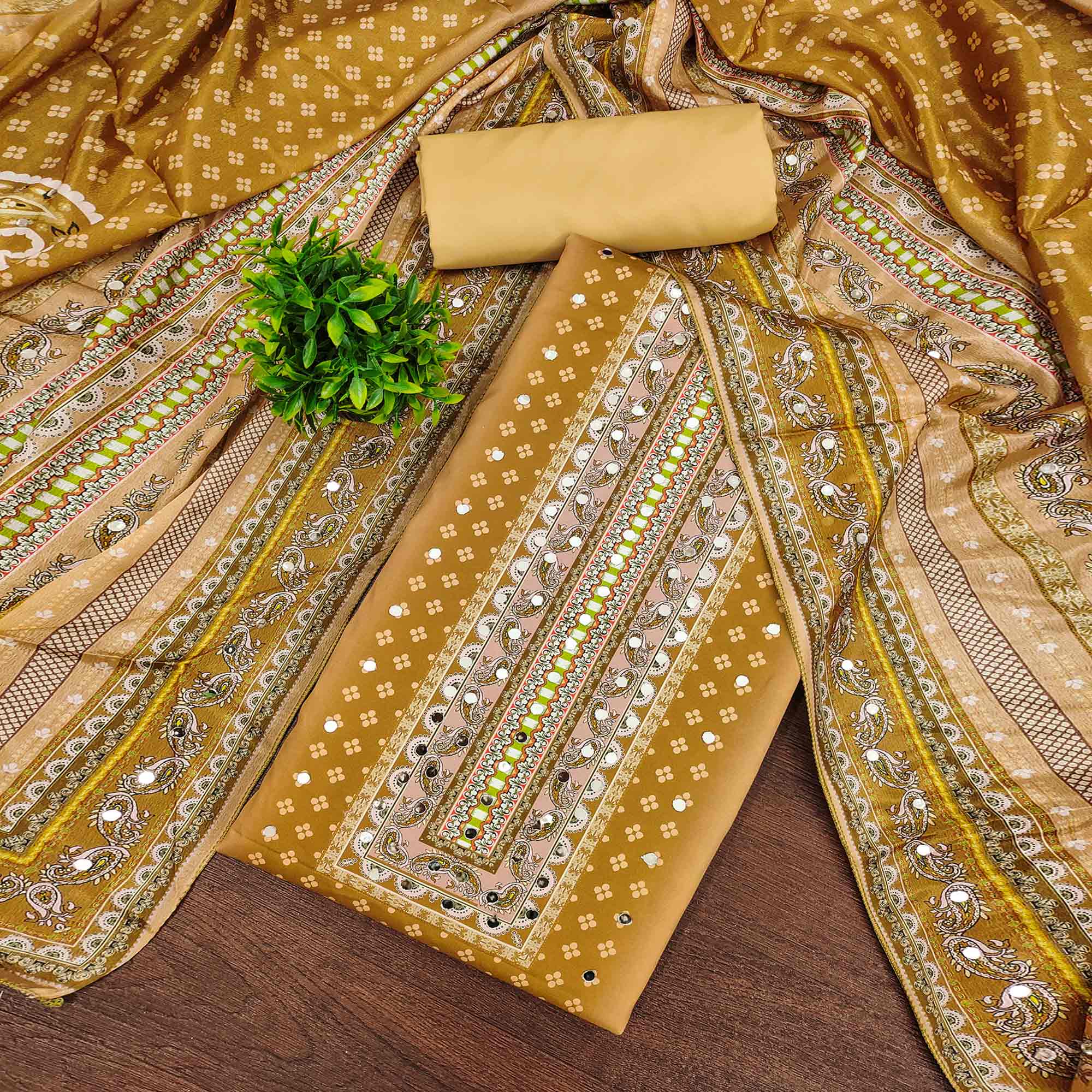 Soothing Mustard Floral Digital Printed Dress Material Crafted From Muslin With Mirror Work