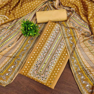 Soothing Mustard Floral Digital Printed Dress Material Crafted From Muslin With Mirror Work