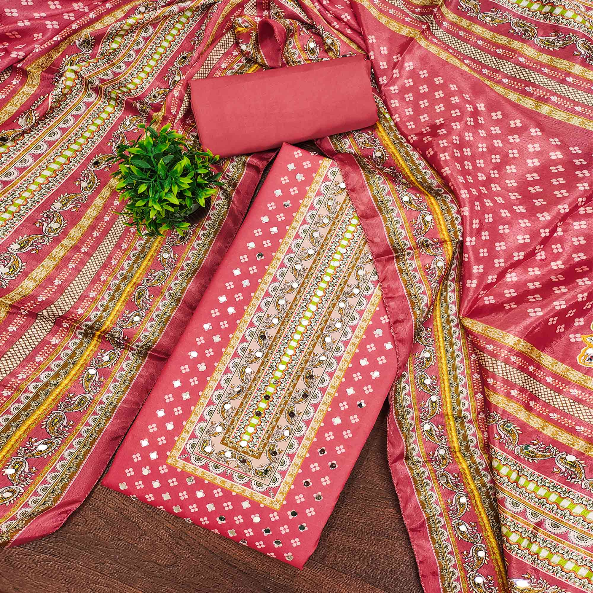 Soothing Pink Floral Digital Printed Dress Material Crafted From Muslin With Mirror Work