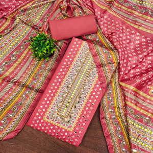 Soothing Pink Floral Digital Printed Dress Material Crafted From Muslin With Mirror Work