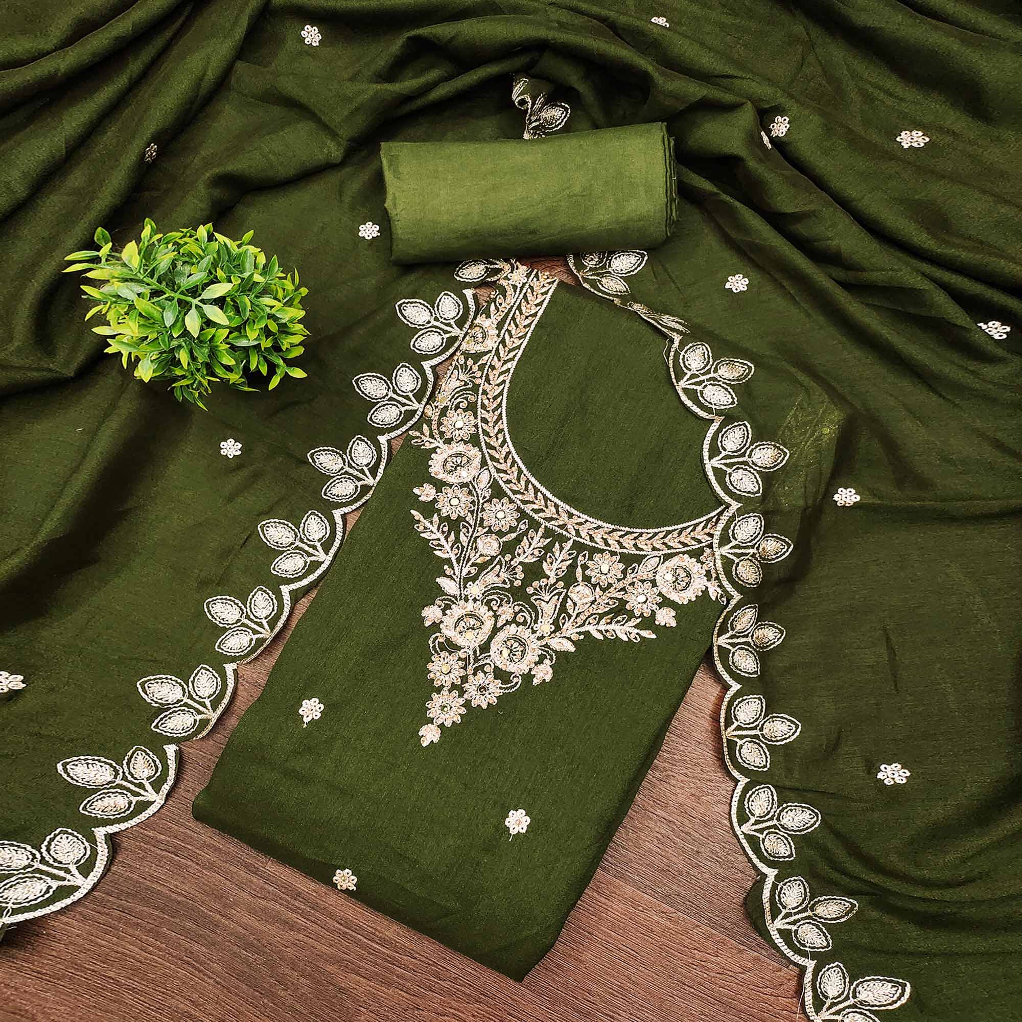 Graceful Green Floral Embroidered Vichitra Silk Dress Material Enhanced With Diamond Work