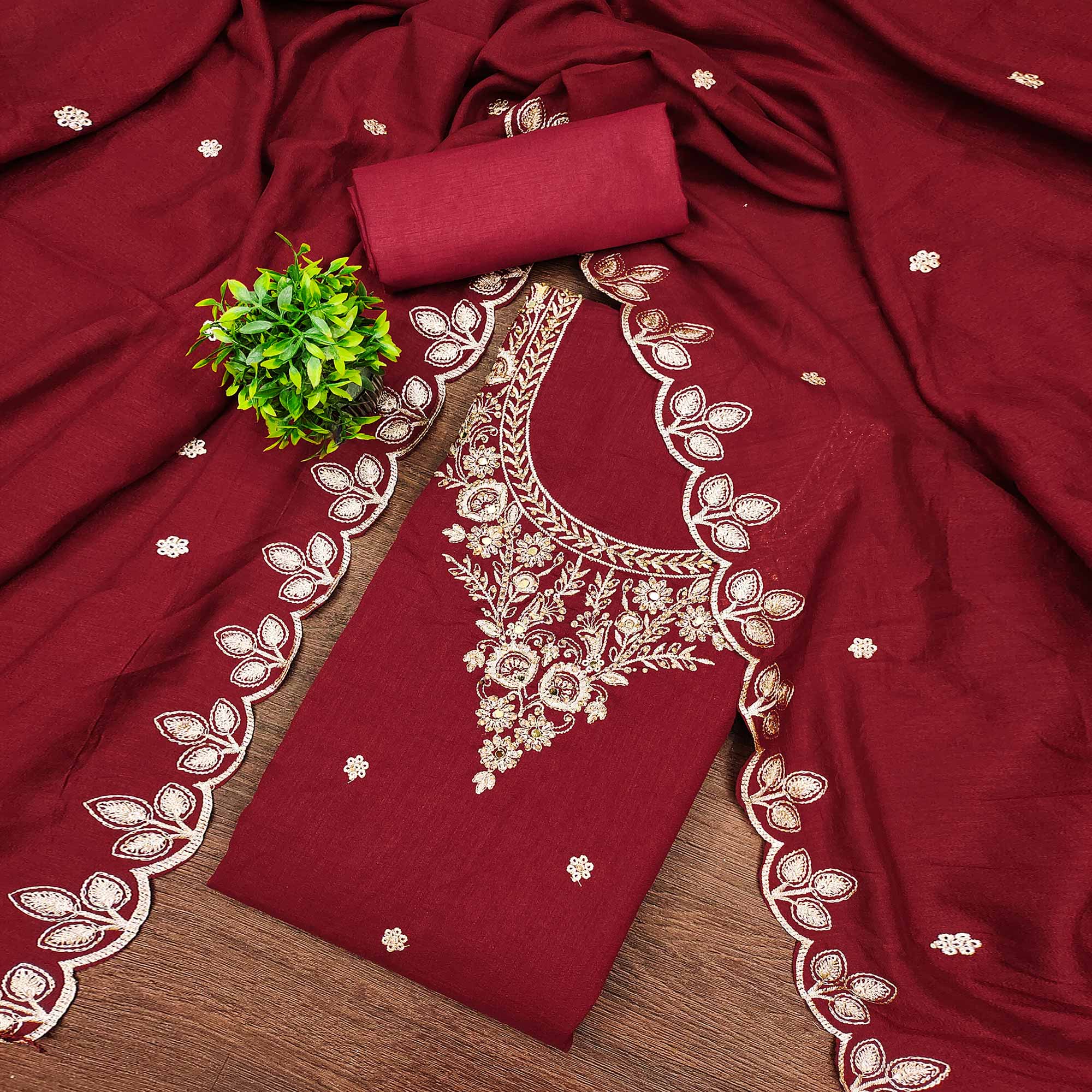 Graceful Maroon Floral Embroidered Vichitra Silk Dress Material Enhanced With Diamond Work