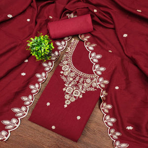 Graceful Maroon Floral Embroidered Vichitra Silk Dress Material Enhanced With Diamond Work