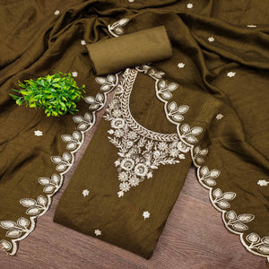 Graceful Mehendi Green  Floral Embroidered Vichitra Silk Dress Material Enhanced With Diamond Work