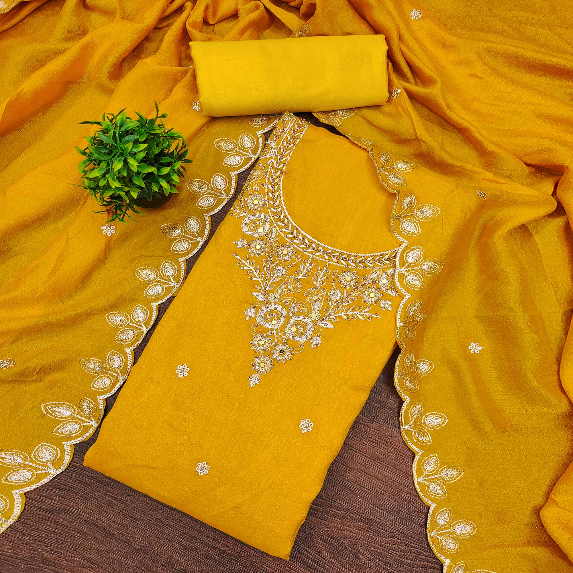 Graceful Mustard Floral Embroidered Vichitra Silk Dress Material Enhanced With Diamond Work