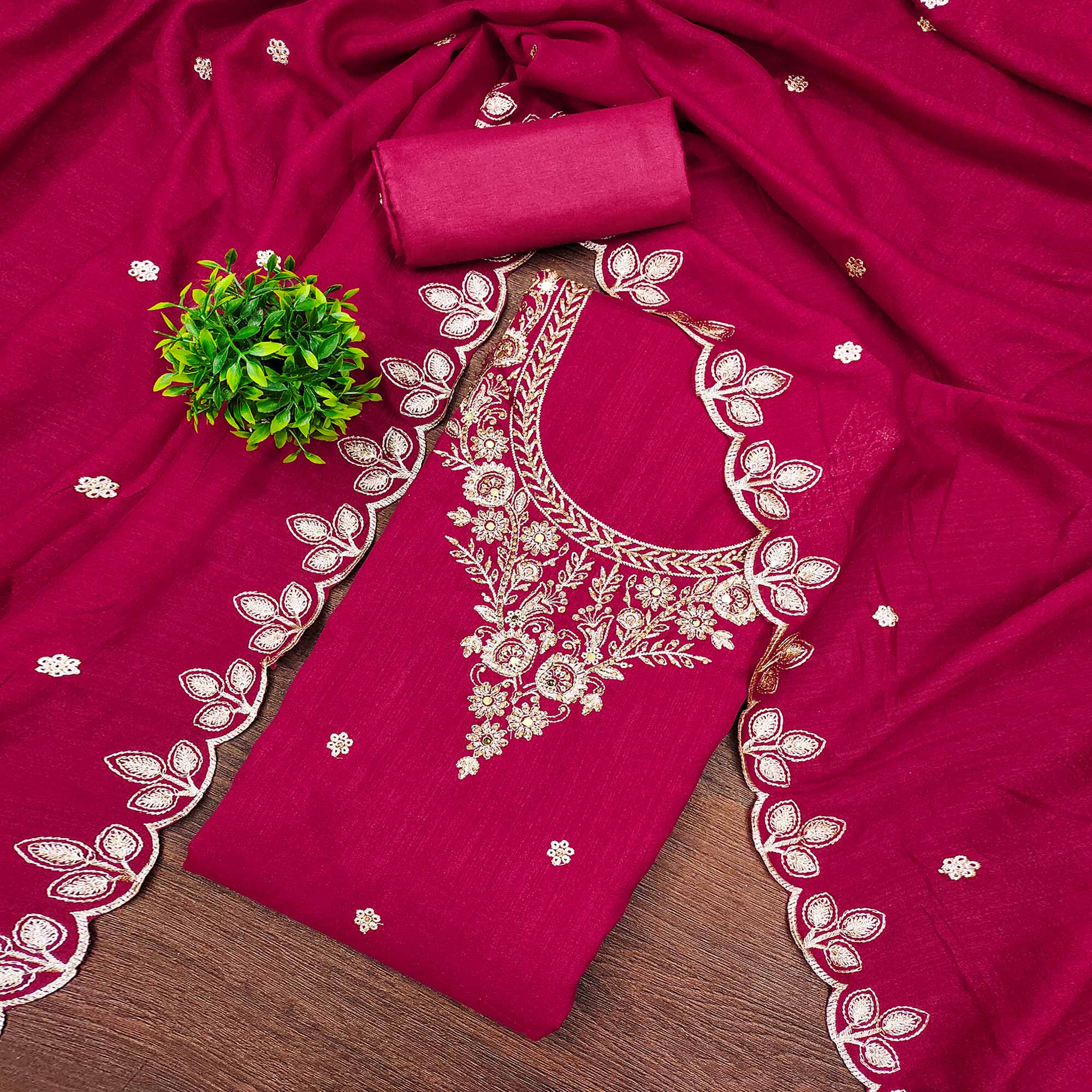 Graceful Pink Floral Embroidered Vichitra Silk Dress Material Enhanced With Diamond Work