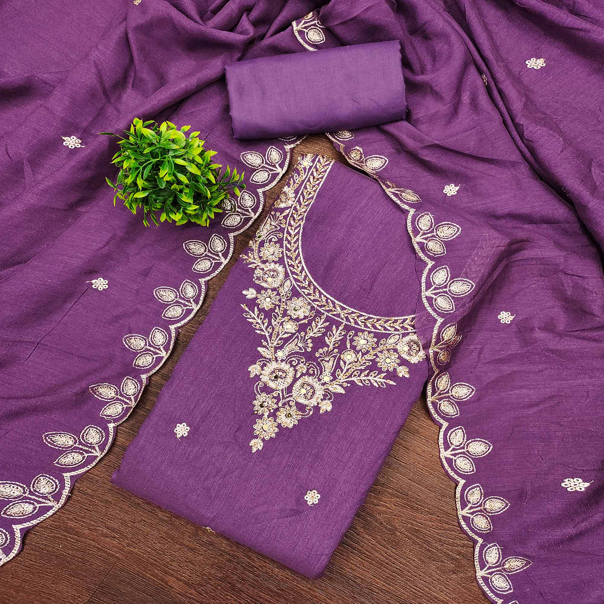 Graceful Purple Floral Embroidered Vichitra Silk Dress Material Enhanced With Diamond Work