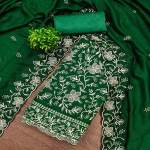 Elegant Green Vichitra Silk Dress Material Adorned With Exquisite Floral Zari Embroidery Work