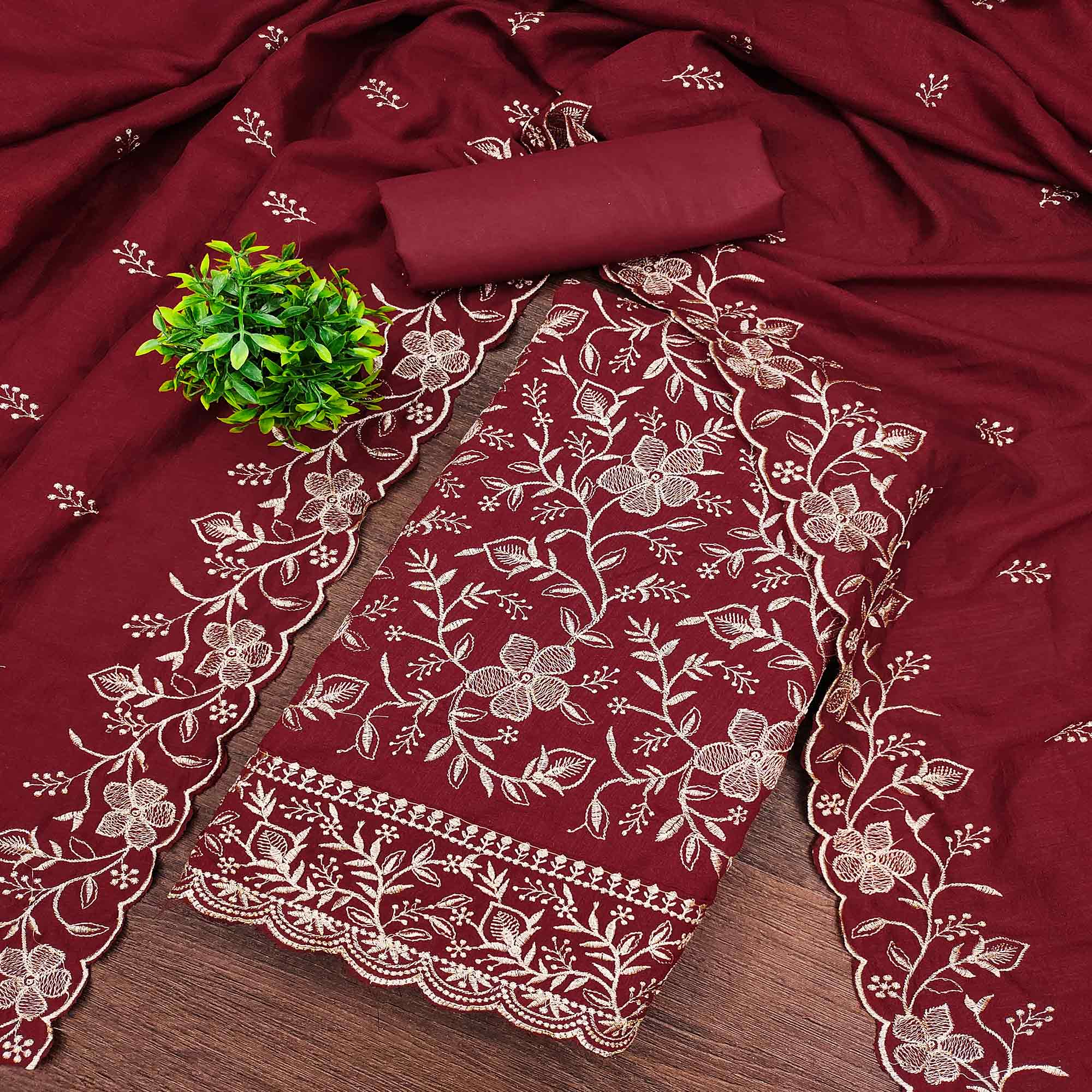 Elegant Maroon Vichitra Silk Dress Material Adorned With Exquisite Floral Zari Embroidery Work