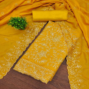 Elegant Mustard Vichitra Silk Dress Material Adorned With Exquisite Floral Zari Embroidery Work