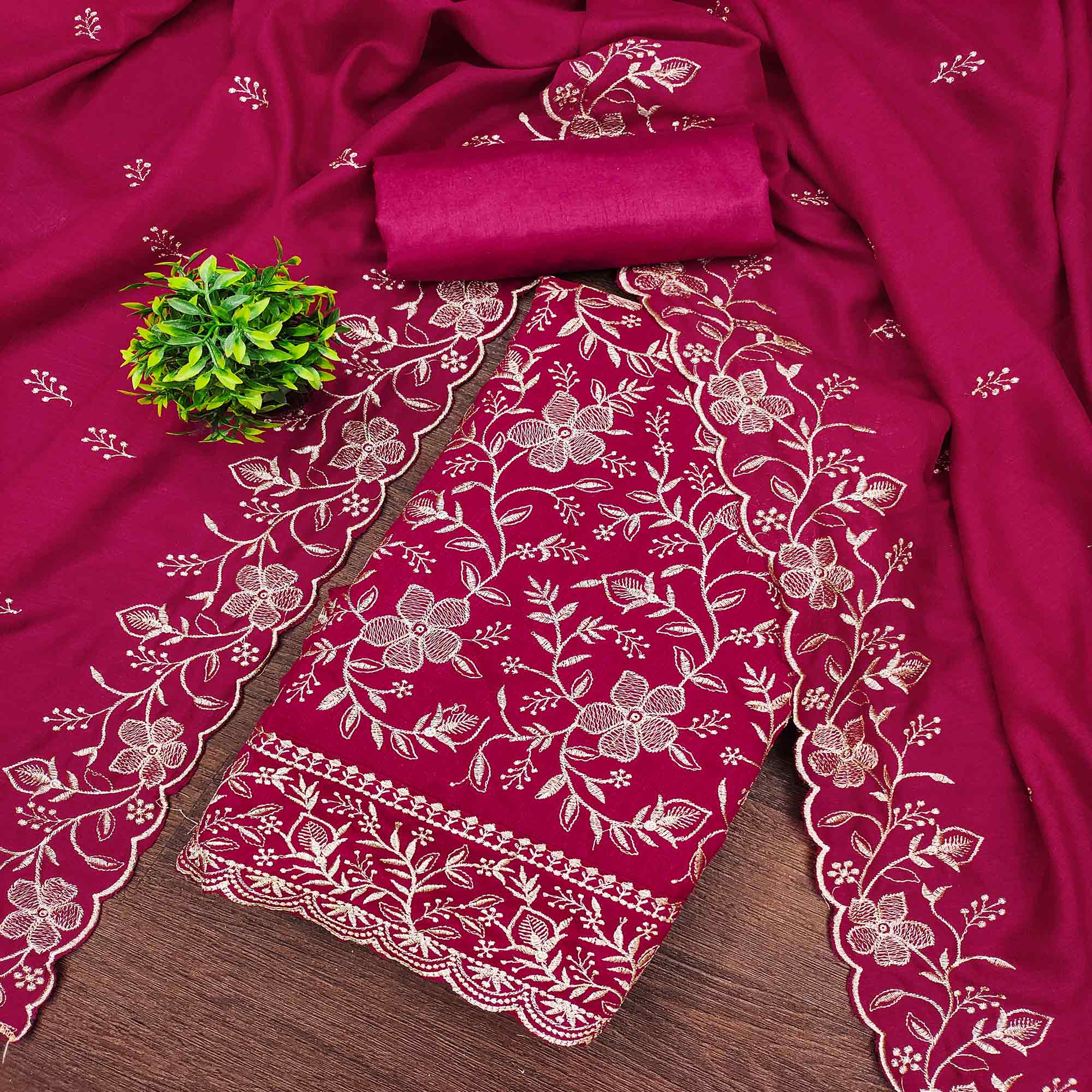 Elegant Pink Vichitra Silk Dress Material Adorned With Exquisite Floral Zari Embroidery Work