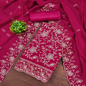 Elegant Pink Vichitra Silk Dress Material Adorned With Exquisite Floral Zari Embroidery Work