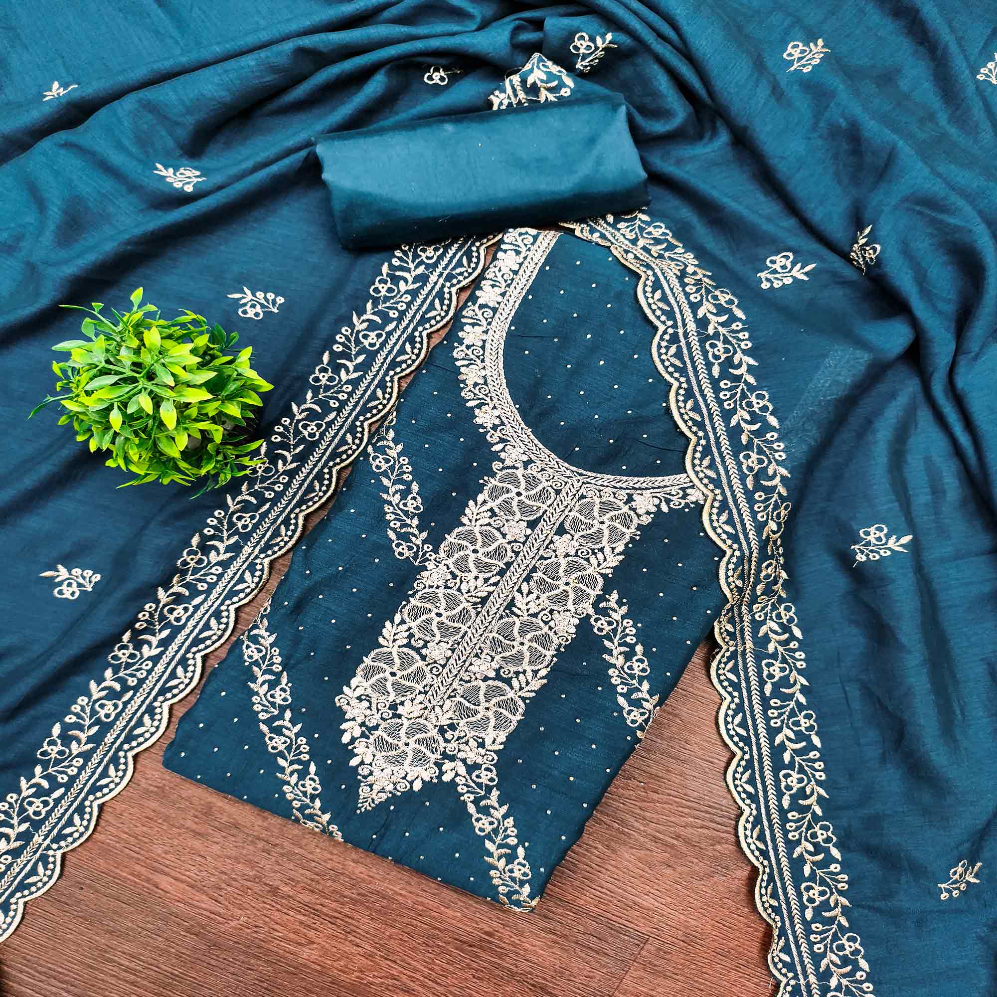 Graceful Blue Floral Embroidered Vichitra Silk Dress Material Enhanced With Sparkling Swarovski