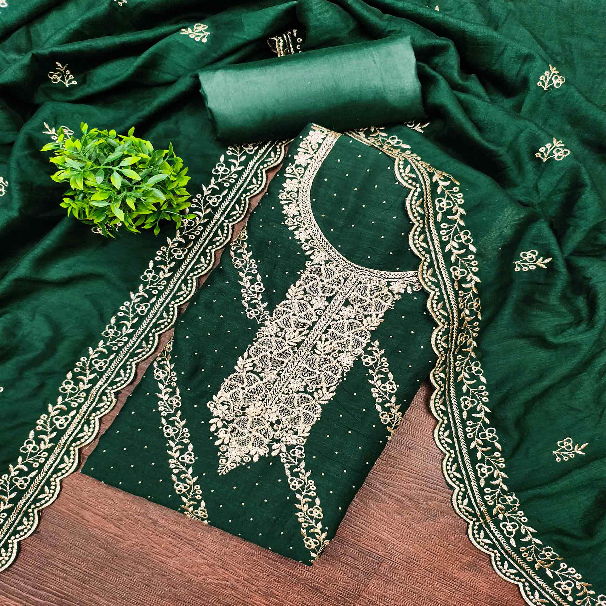 Graceful Green Floral Embroidered Vichitra Silk Dress Material Enhanced With Sparkling Swarovski