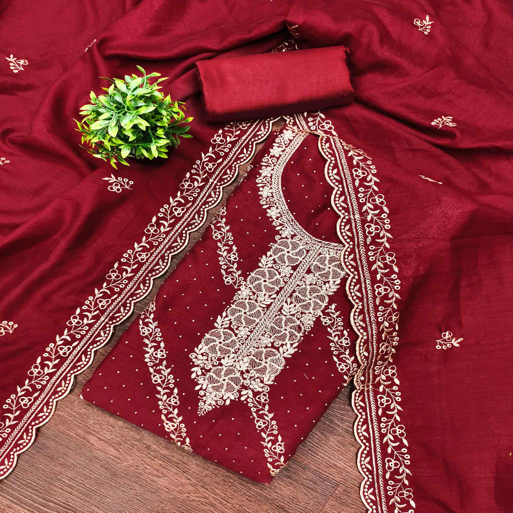 Graceful Maroon Floral Embroidered Vichitra Silk Dress Material Enhanced With Sparkling Swarovski