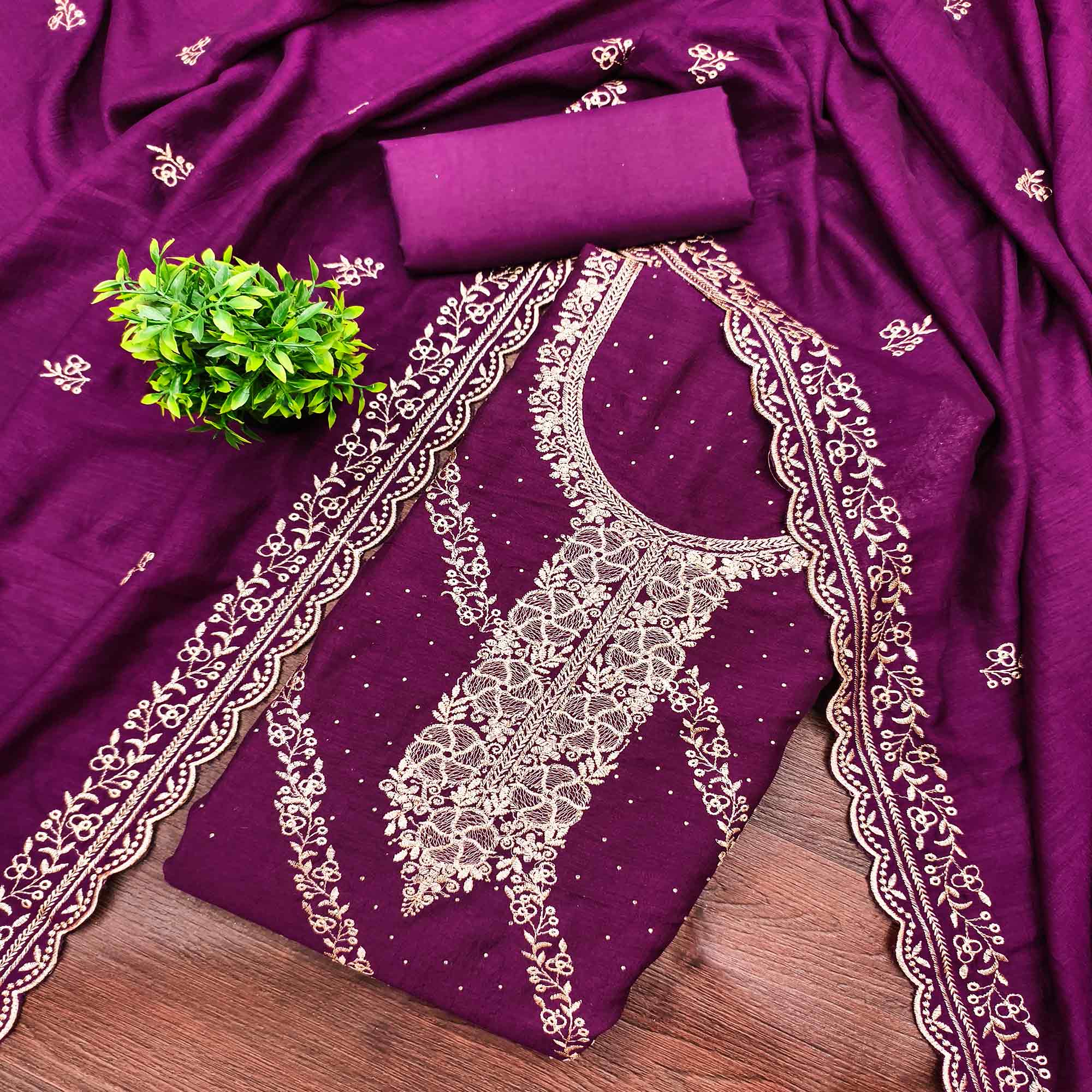 Graceful Purple Floral Embroidered Vichitra Silk Dress Material Enhanced With Sparkling Swarovski