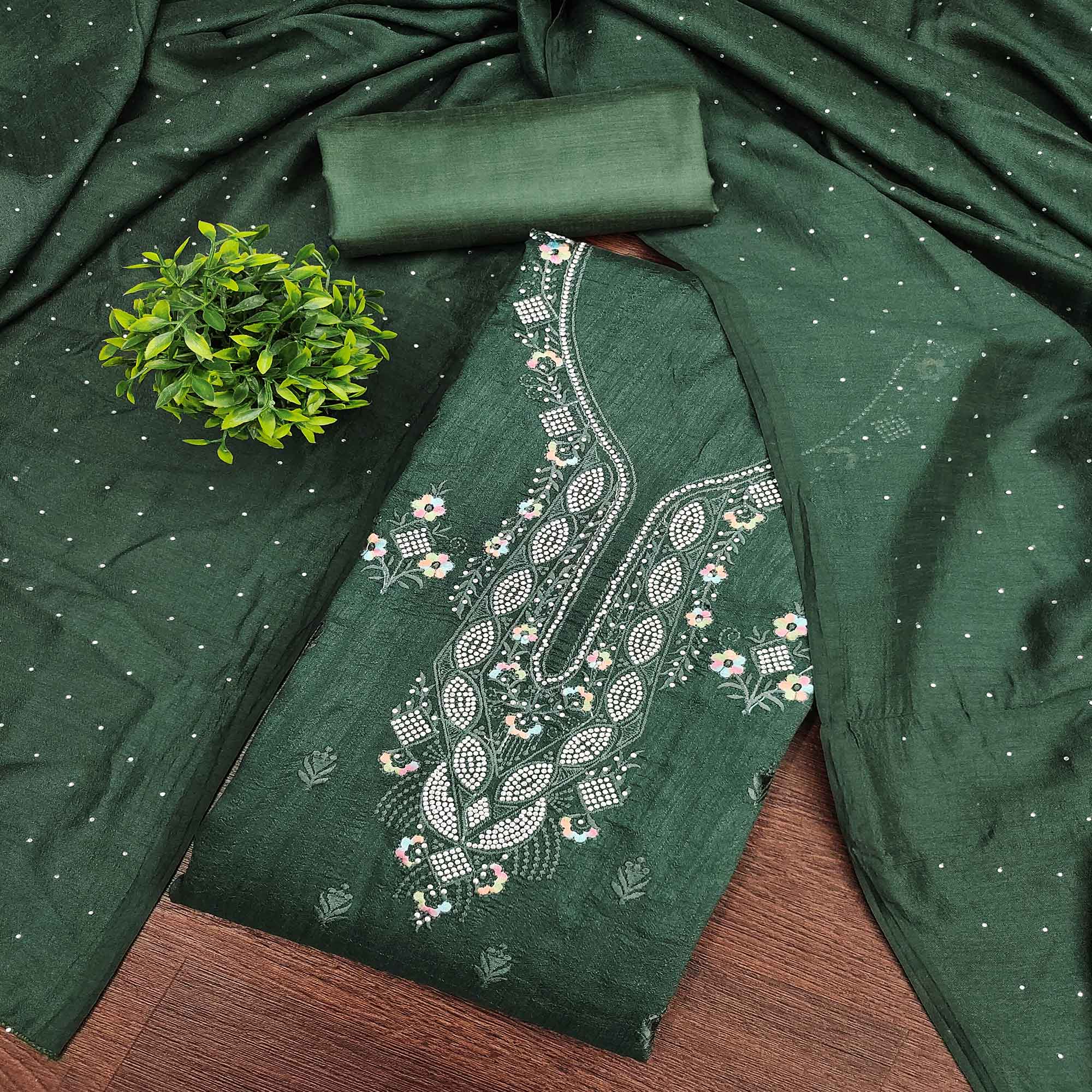 Gorgeous Green Floral Embroidered Vichitra Silk Dress Material Beautified With Swarovski Work
