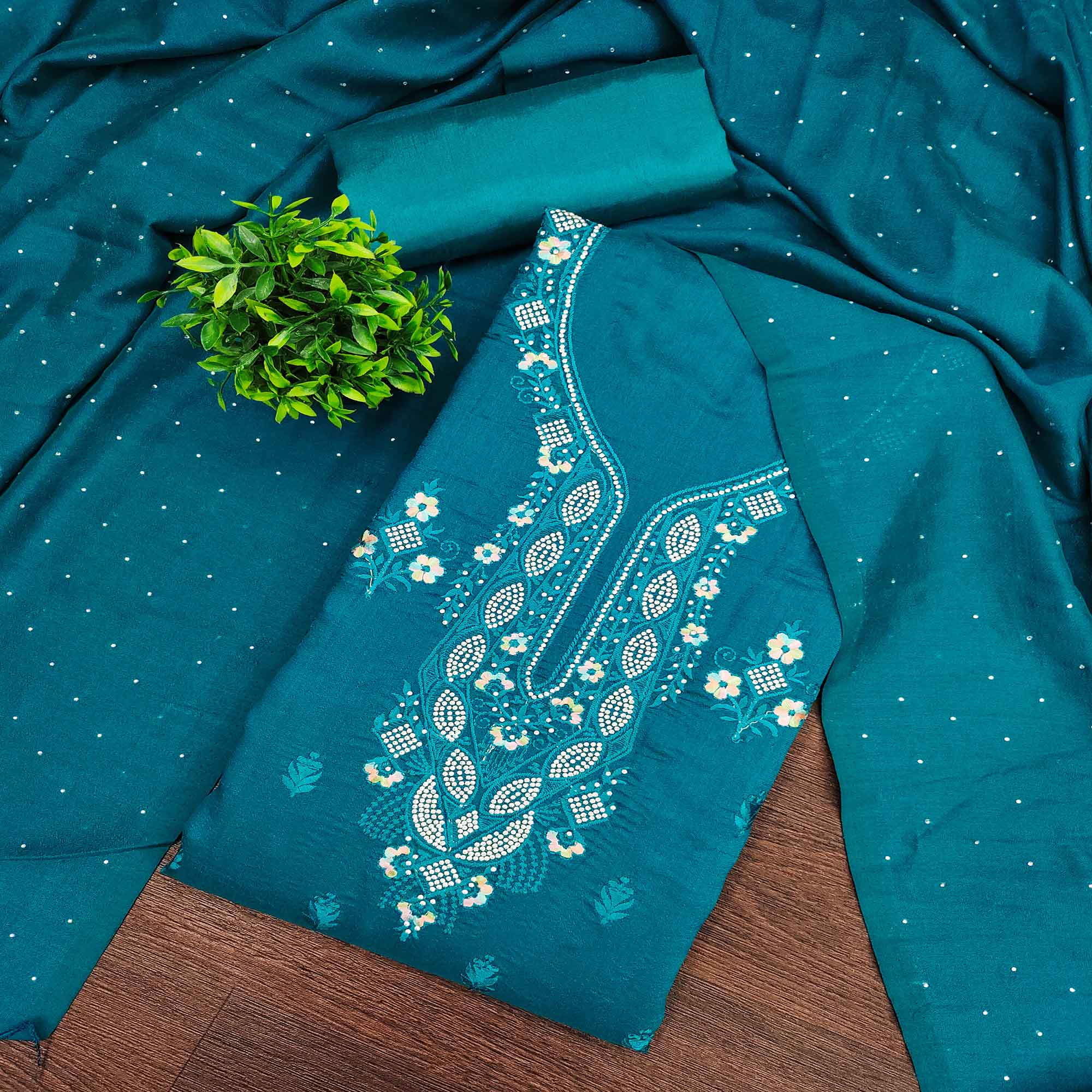 Gorgeous Teal Blue Floral Embroidered Vichitra Silk Dress Material Beautified With Swarovski Work
