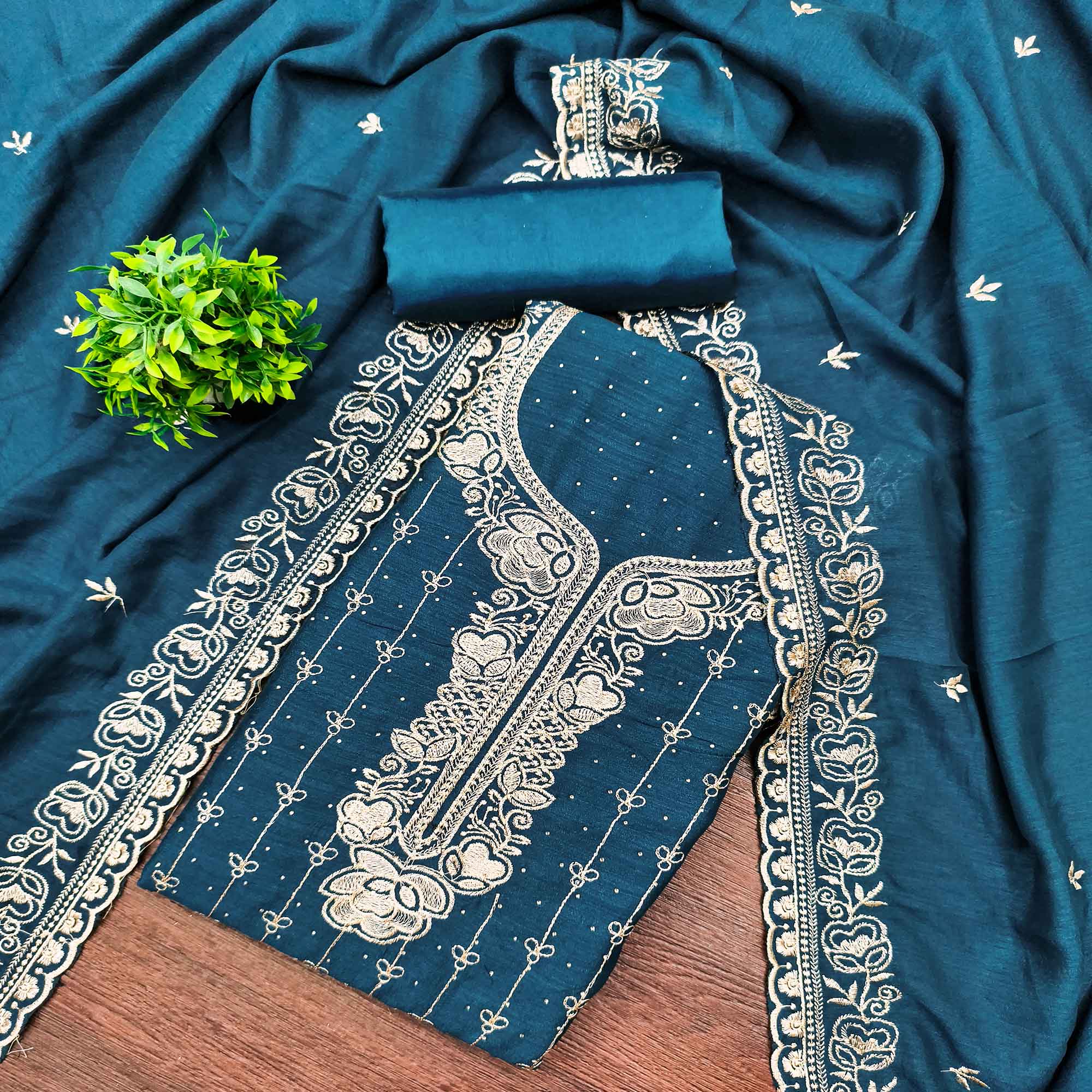 Regal Blue Floral Embroidered Vichitra Silk Dress Material With Dazzling Swarovski Work Detailing