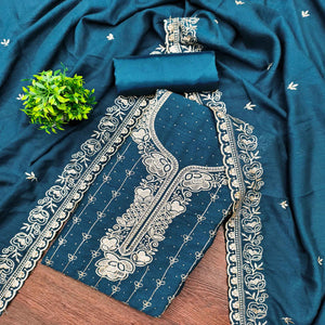 Regal Blue Floral Embroidered Vichitra Silk Dress Material With Dazzling Swarovski Work Detailing