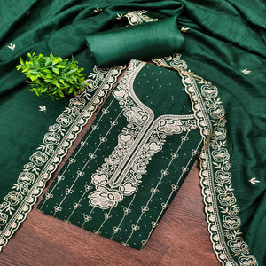 Regal Green Floral Embroidered Vichitra Silk Dress Material With Dazzling Swarovski Work Detailing