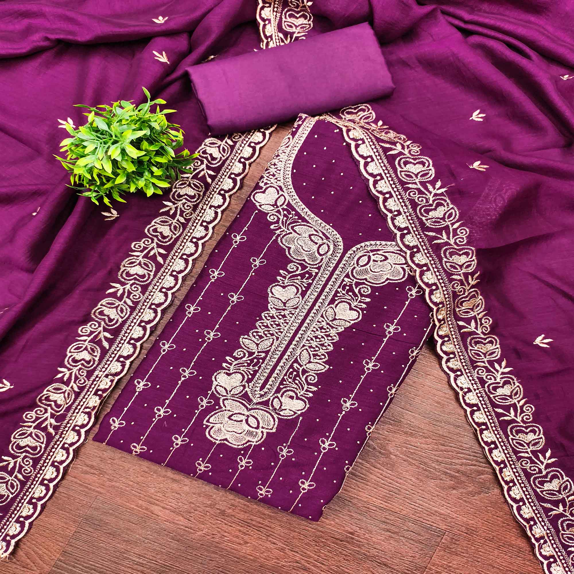 Regal Purple Floral Embroidered Vichitra Silk Dress Material With Dazzling Swarovski Work Detailing