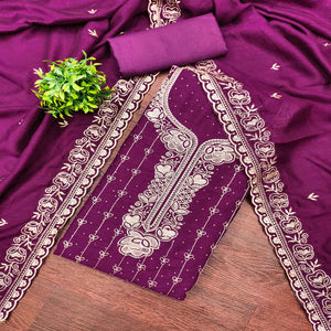 Regal Purple Floral Embroidered Vichitra Silk Dress Material With Dazzling Swarovski Work Detailing