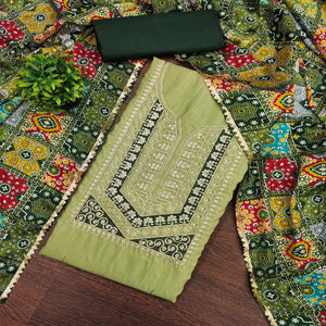 Stylish Green Cotton Blend Dress Material Enriched With Floral Embroidery & Sequins Work