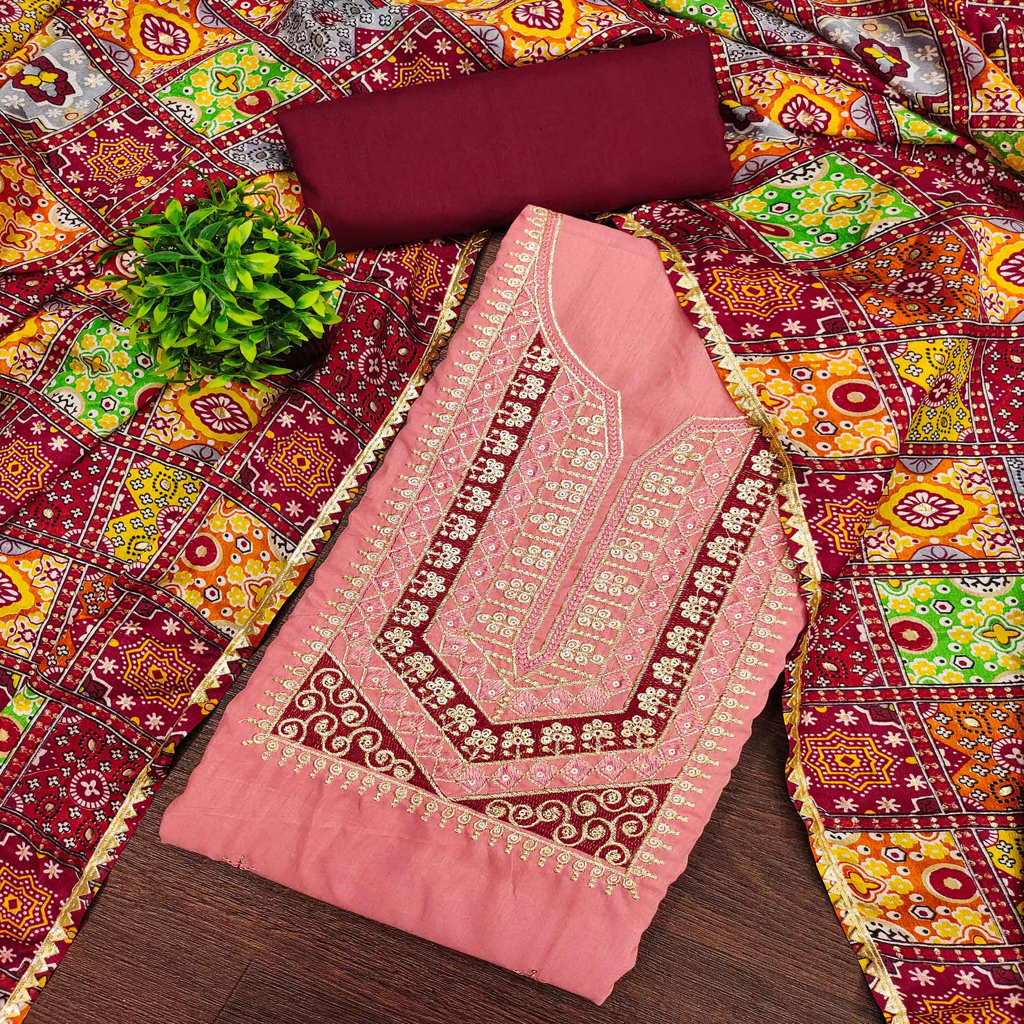 Stylish Pink Cotton Blend Dress Material Enriched With Floral Embroidery & Sequins Work