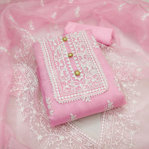 Baby Pink Floral Embroidered Organza Dress Material