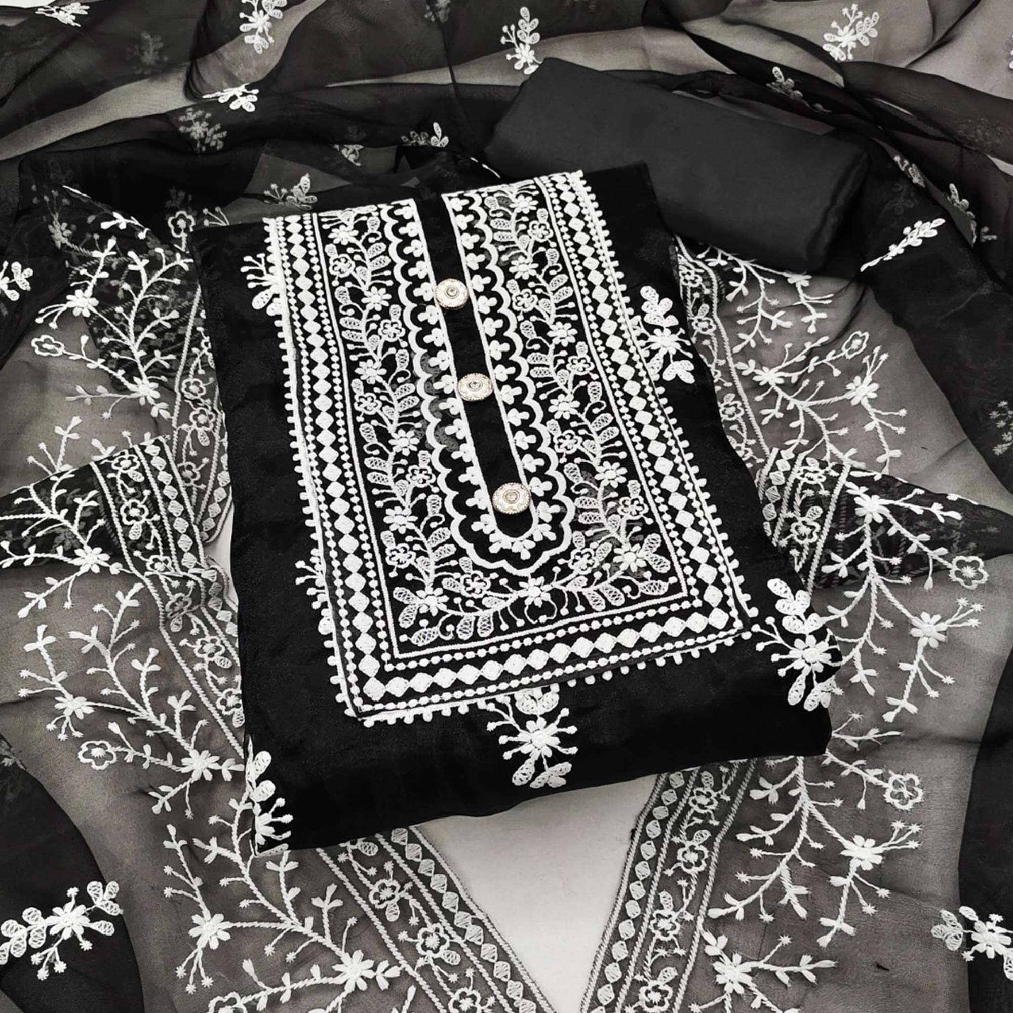 Black Floral Embroidered Organza Dress Material
