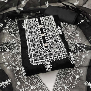 Black Floral Embroidered Organza Dress Material