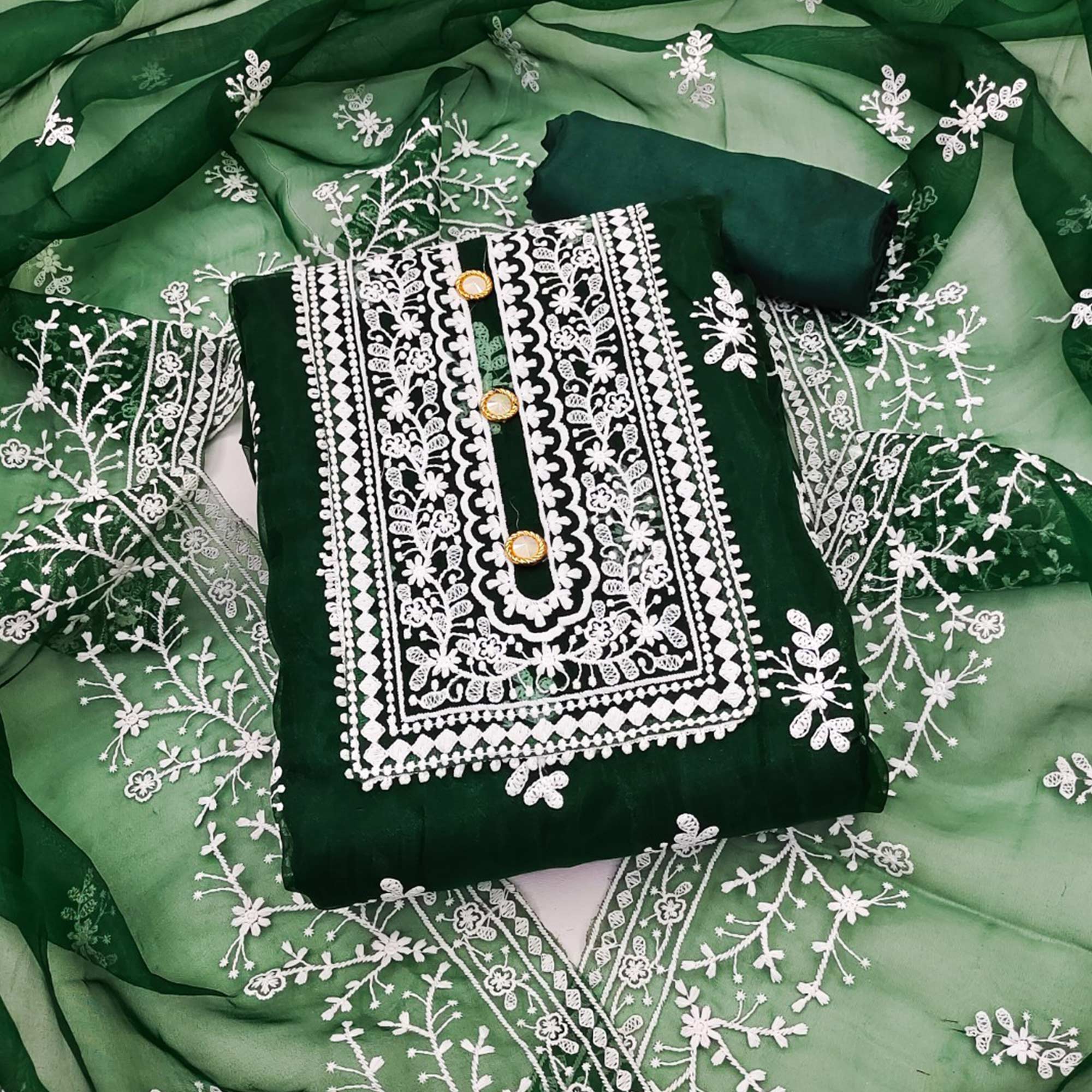 Green Floral Embroidered Organza Dress Material