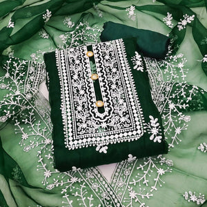 Green Floral Embroidered Organza Dress Material