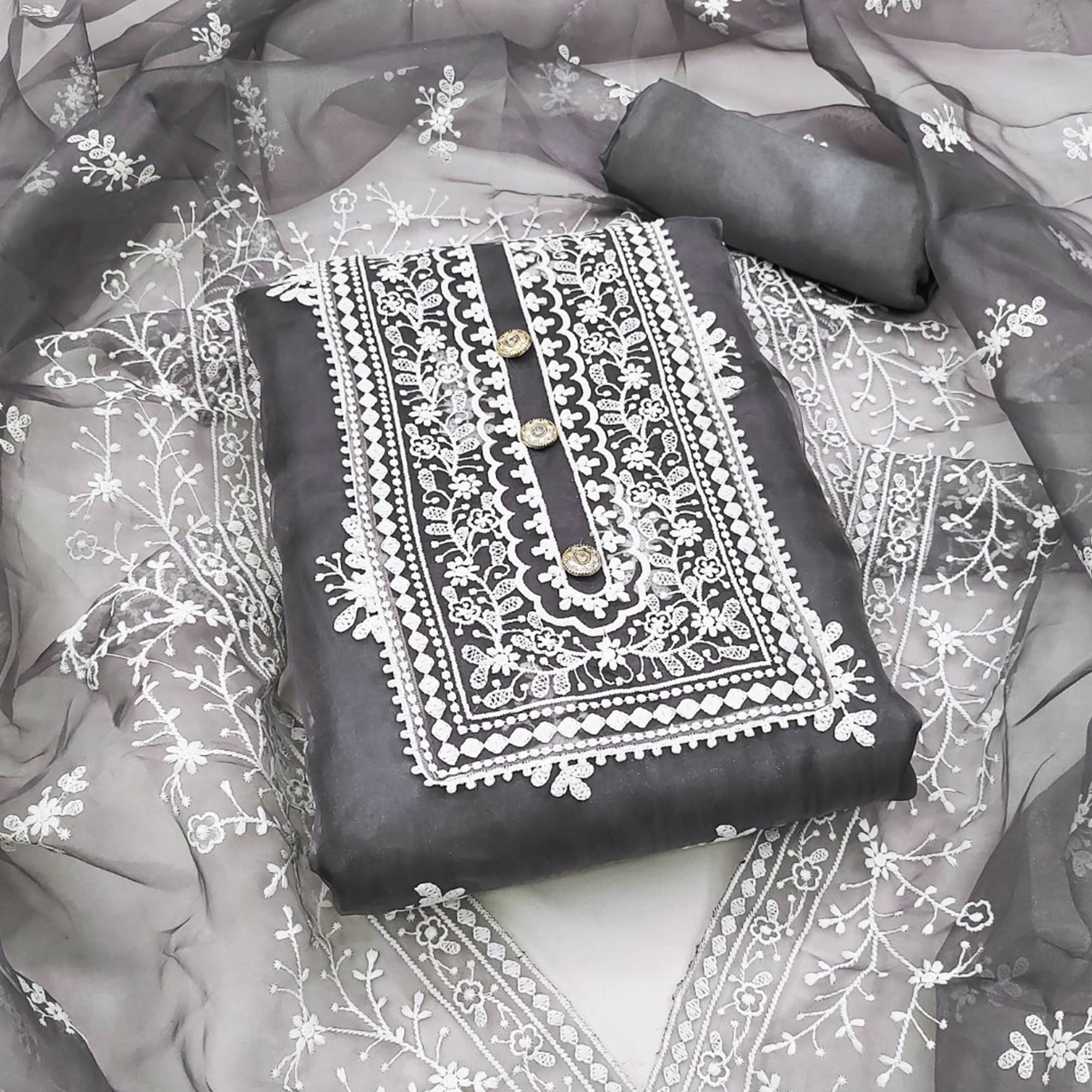 Grey Floral Embroidered Organza Dress Material