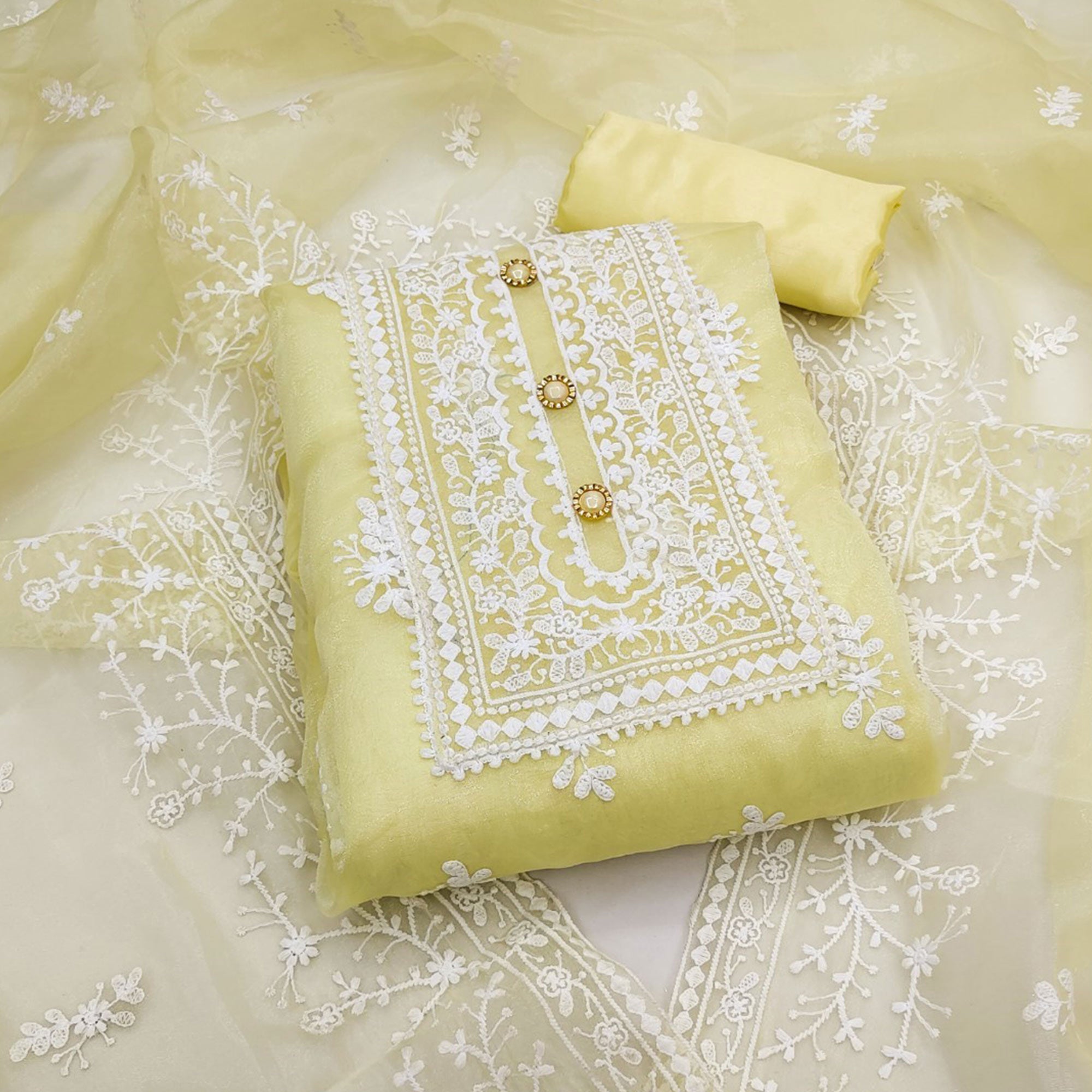 Light Yellow Floral Embroidered Organza Dress Material