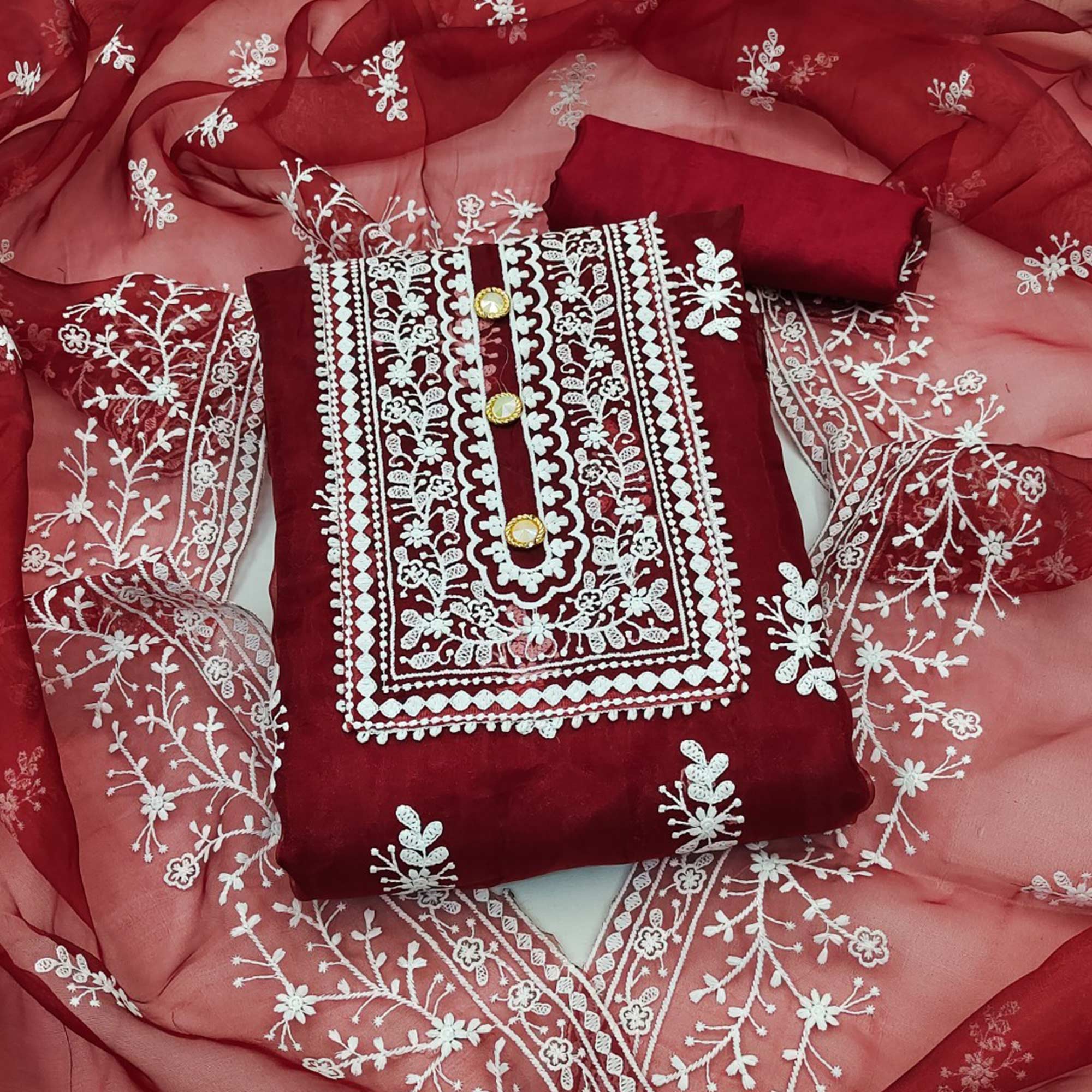 Maroon Floral Embroidered Organza Dress Material