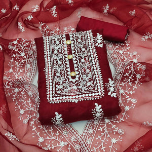 Maroon Floral Embroidered Organza Dress Material