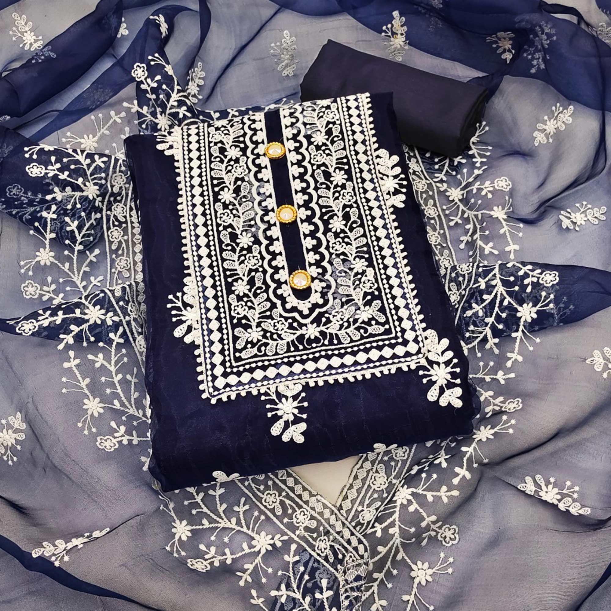 Navy Blue Floral Embroidered Organza Dress Material