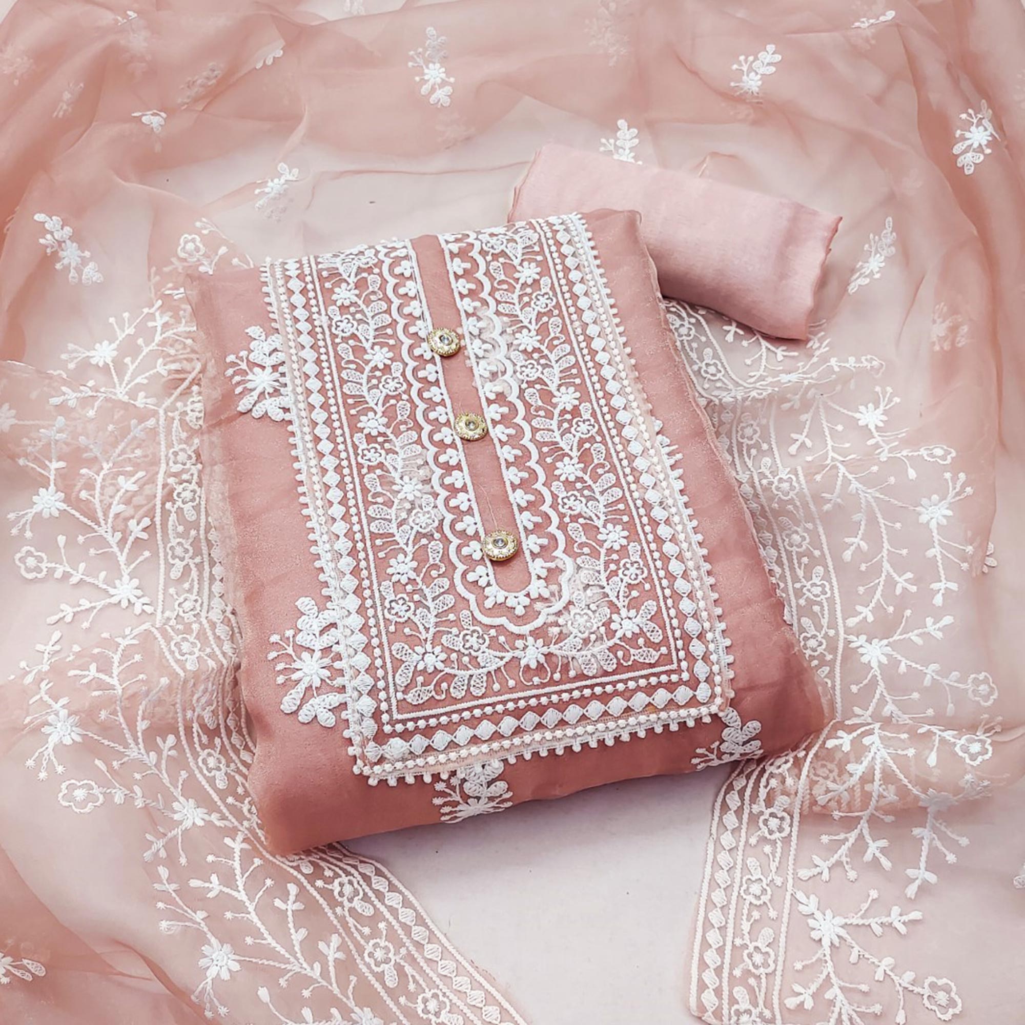 Peach Floral Embroidered Organza Dress Material