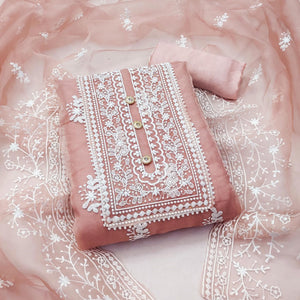 Peach Floral Embroidered Organza Dress Material