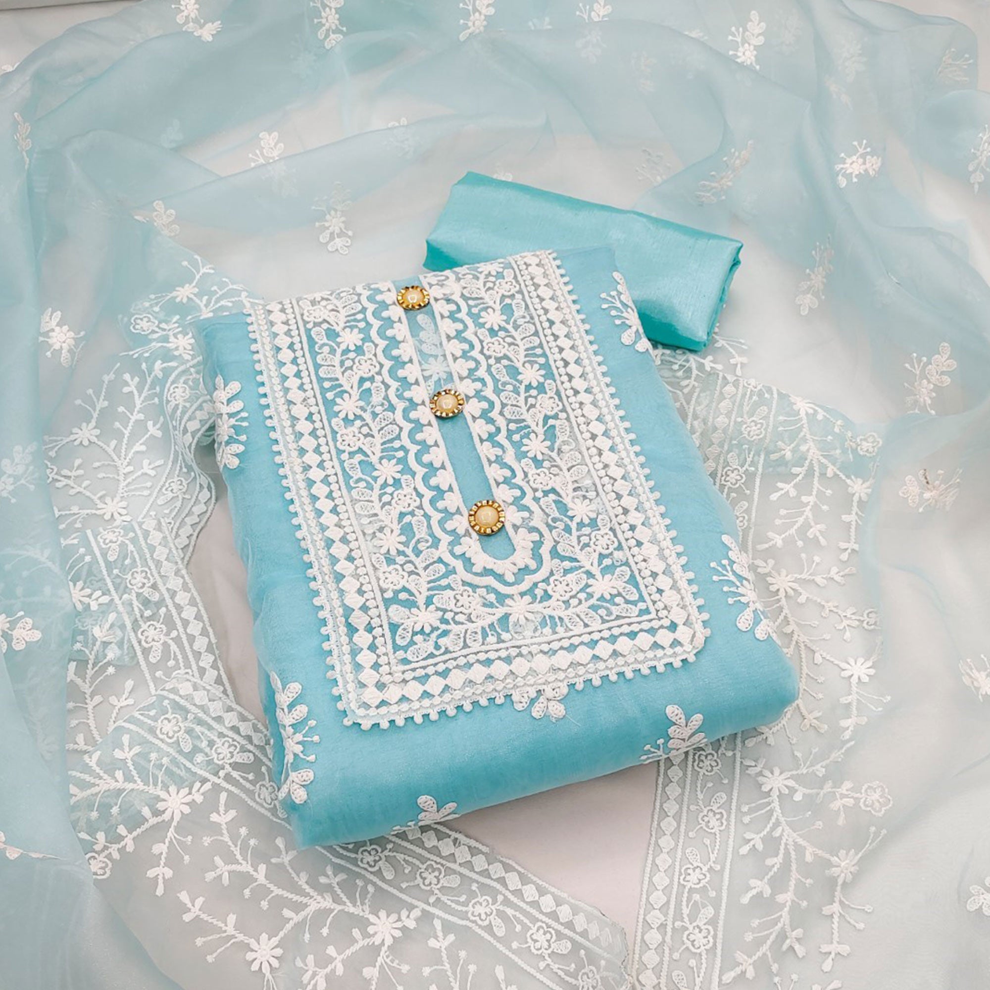 Sky Blue Floral Embroidered Organza Dress Material