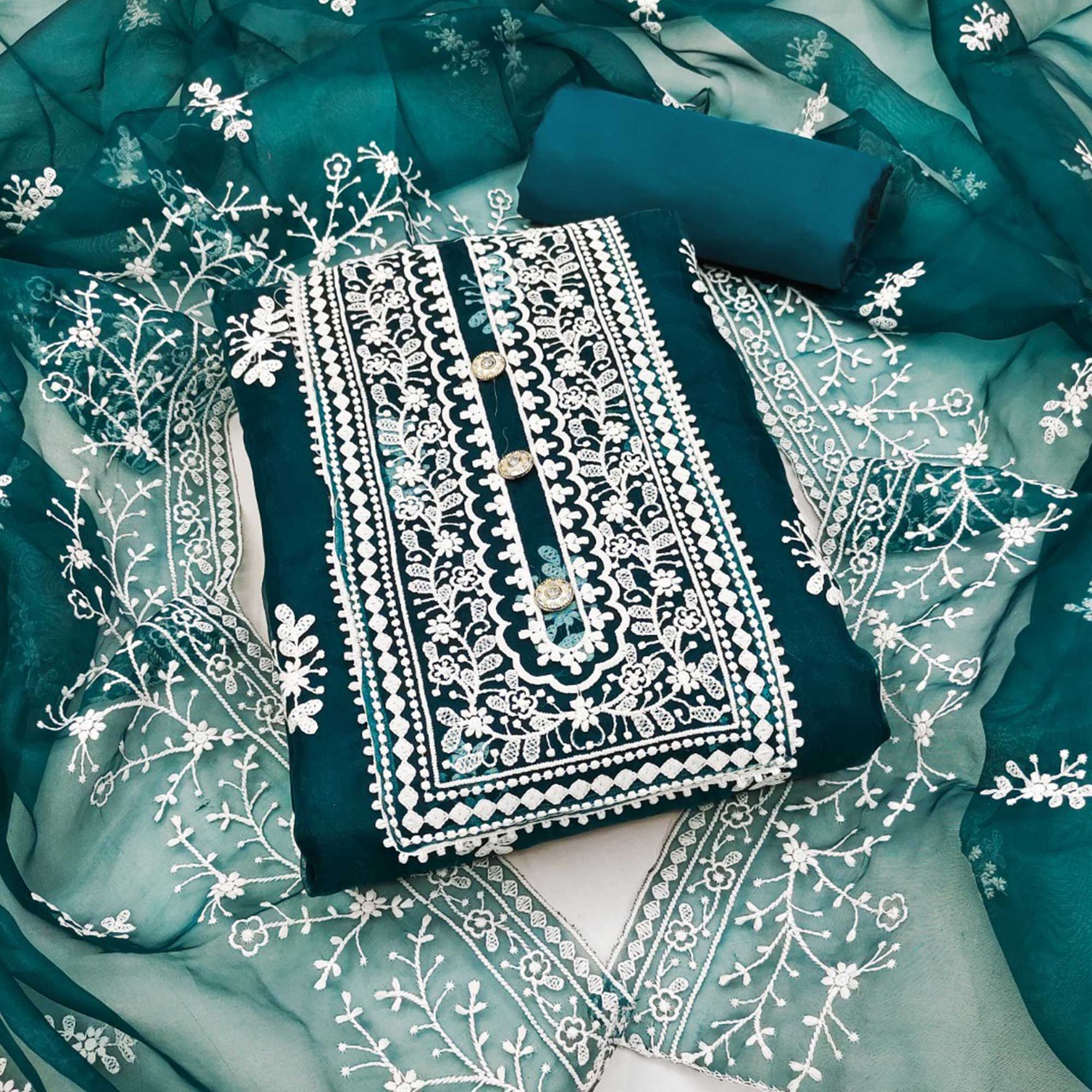 Teal Floral Embroidered Organza Dress Material