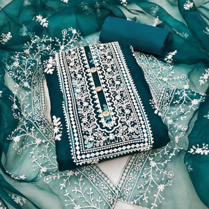 Teal Floral Embroidered Organza Dress Material