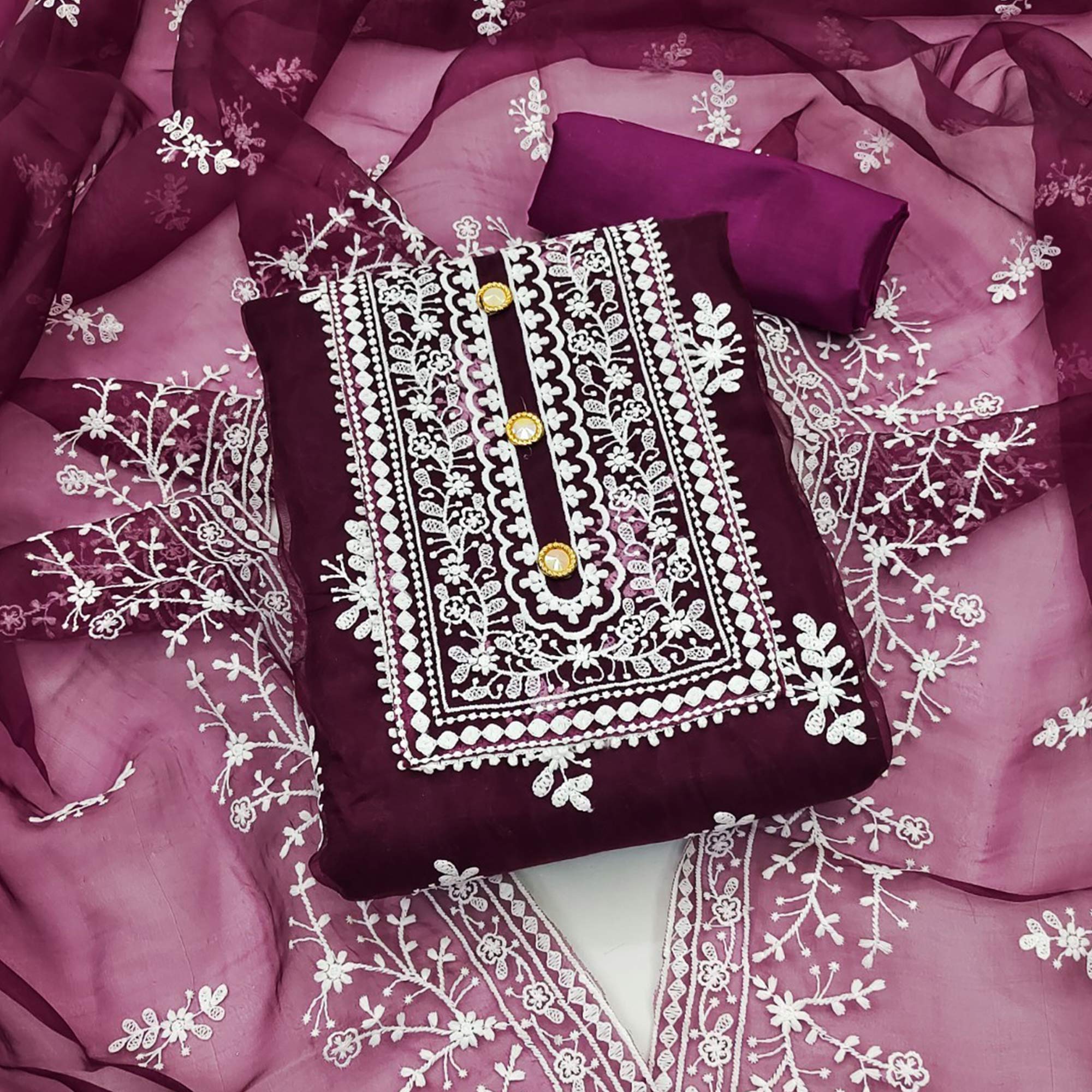 Wine Floral Embroidered Organza Dress Material